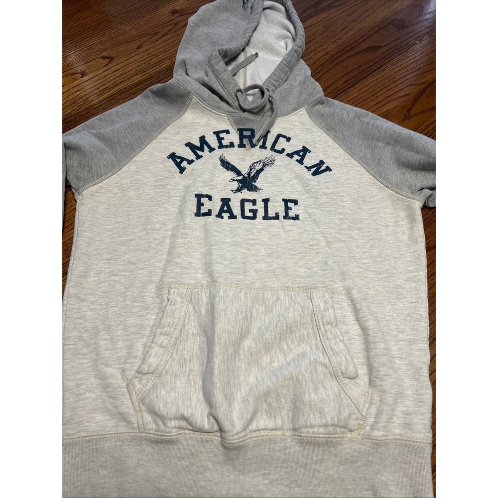 American Eagle Mens Vintage Raglan Hoodie Gray Cream Graphic Fleece Sweatshirt S